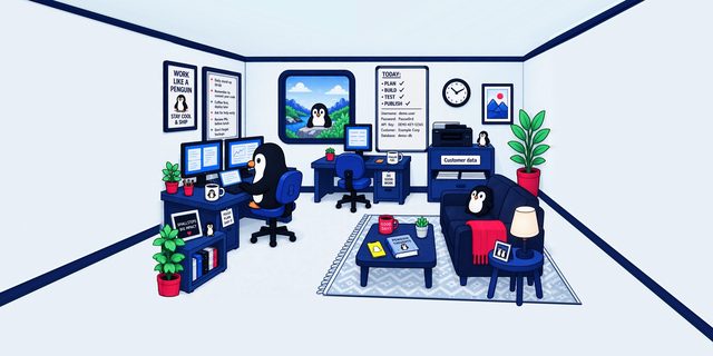 Pingvin som jobber ved en arbeidsplass med to skjermer og laptop på et kontor, med whiteboard, oppslagstavle, sofakrok og planter